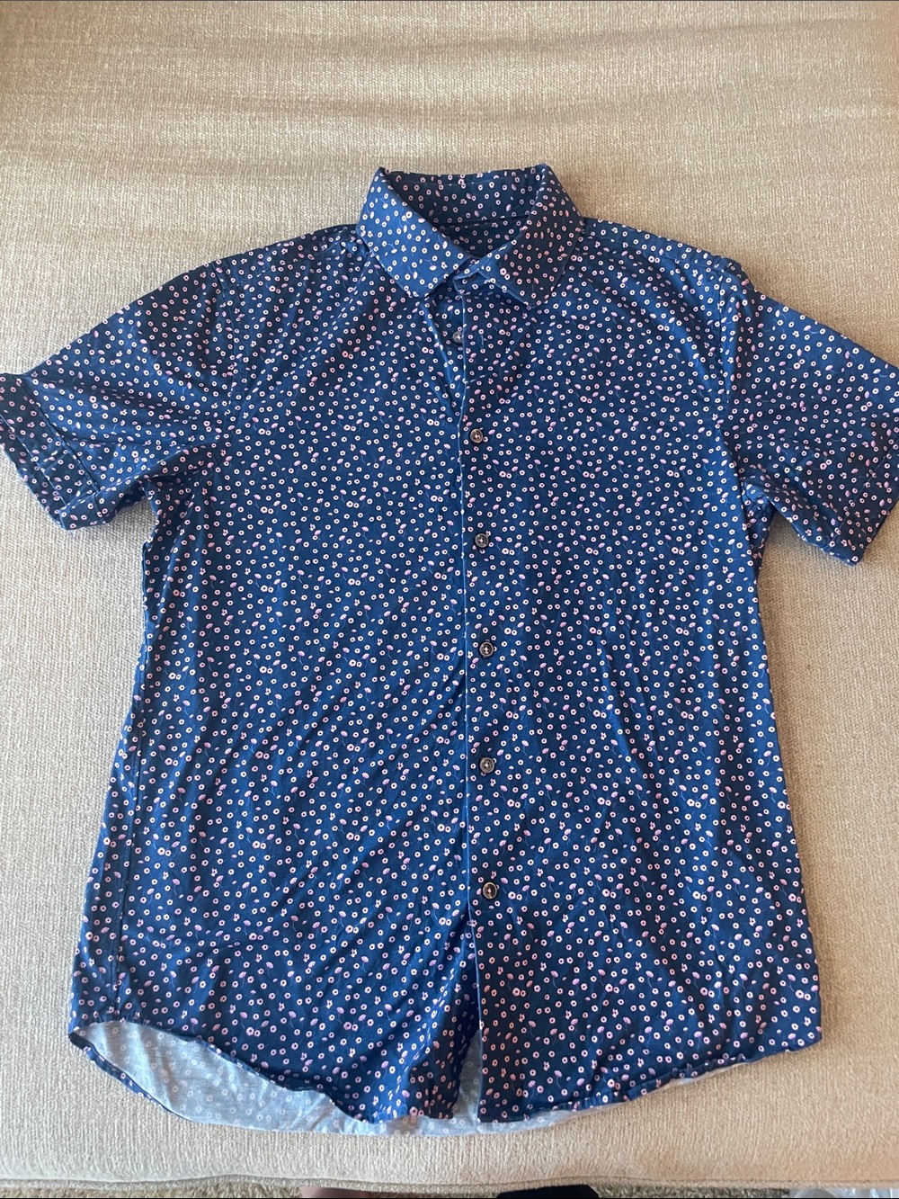 Bugatchi Navy Short-Sleeve Button-Down with Small Floral Print
